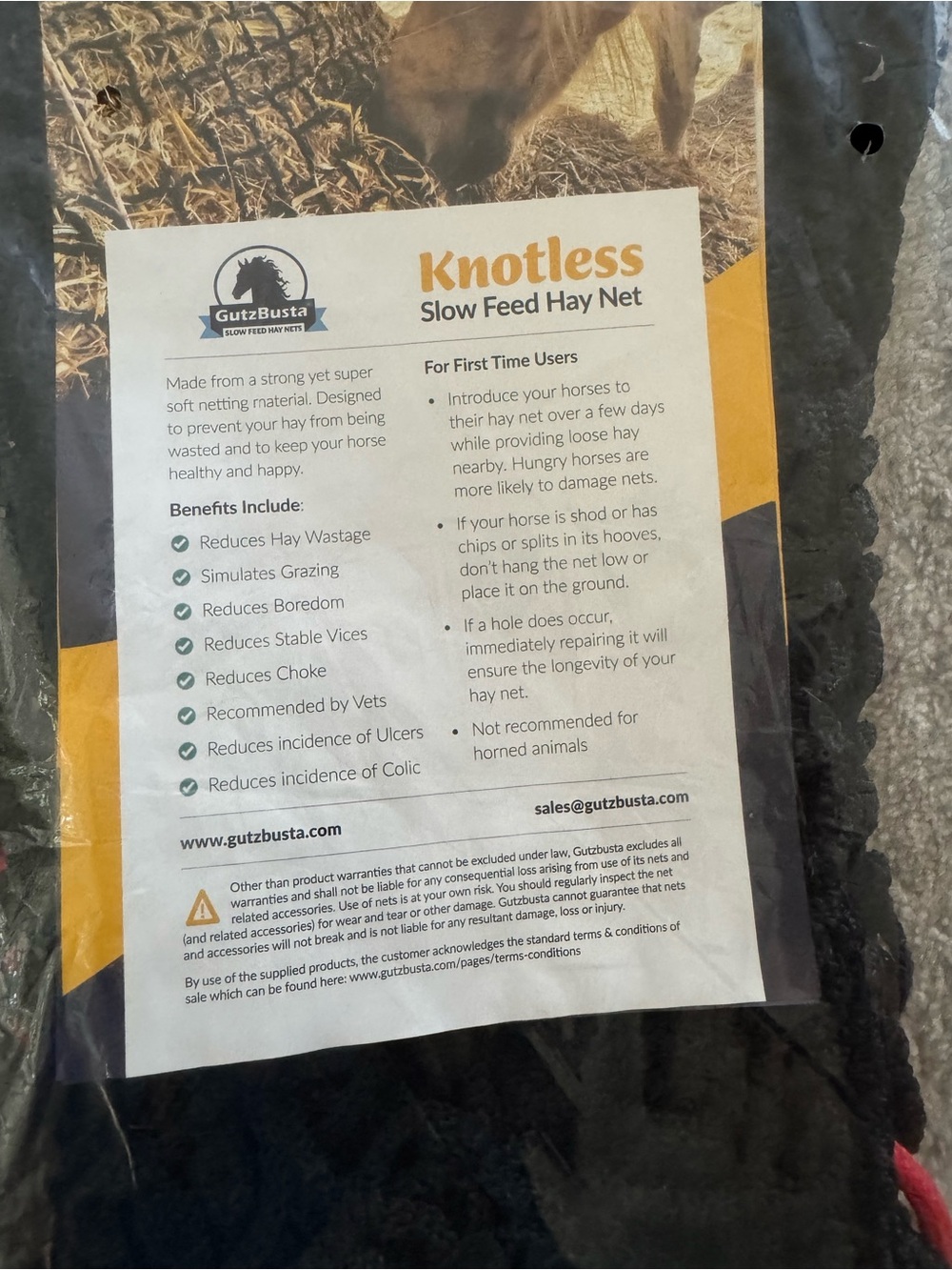 Gutzbusta Knotless Slow Feed Hay Net - Black Small holes 1 1/4” NWT